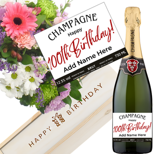 100th Birthday Champagne & Flowers - Add Name to Bottle Label