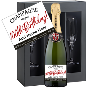 100th Birthday Champagne & Glasses - Add Name to Bottle Label