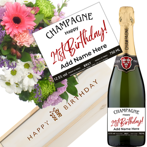 21st Birthday Champagne & Flowers - Add Name to Bottle Label