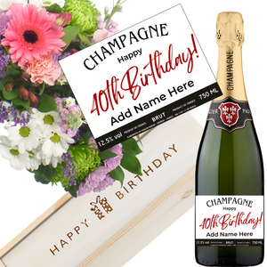 40th Birthday Champagne & Flowers - Add Name to Bottle Label