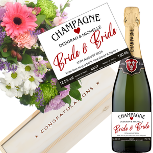 Bride & Bride Wedding Champagne & Flowers - Add Names Date and Message to Bottle Label