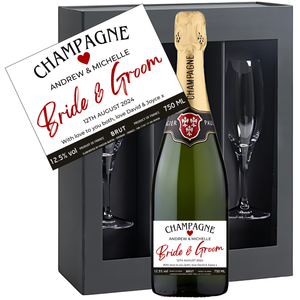 Bride & Groom Wedding Champagne & Glasses - Add Names Date and Message to Bottle Label