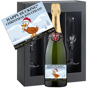 Personalised Christmas Champagne & Glasses - Ducking Autocorrect Edition