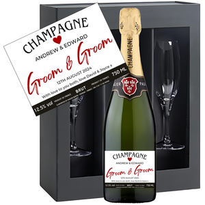 Groom & Groom Wedding Champagne & Glasses - Add Names Date and Message to Bottle Label