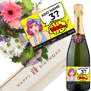 Humorous Noo Women Birthday Champagne & Flowers - Add Name and Age to Bottle Label