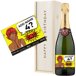 Funny Birthday Champagne Gift Set for Women with Humorous Pop Art Design - Custom Name and Age Birthday Gift