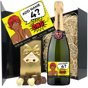 Humorous Pop Art Women Birthday Champagne & Chocolates - Add Name to Bottle Label