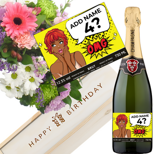 Humorous Pop Art Women Birthday Champagne & Flowers - Add Name to Bottle Label