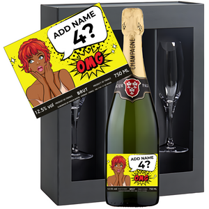 Humorous Pop Art Women Birthday Champagne & Glasses - Add Name to Bottle Label