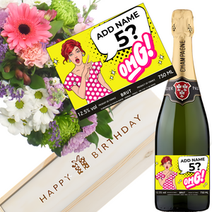 Humorous OMG Women Birthday Champagne & Flowers - Add Name and Age to Bottle Label