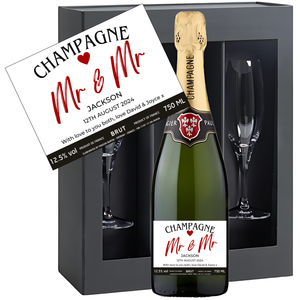 Mr & Mr Wedding Champagne & Glasses - Add Name Date and Message to Bottle Label