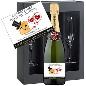 Wedding Toast Champagne & Glasses - Mr & Mrs Red Balloons Add Date and Message to Bottle Label