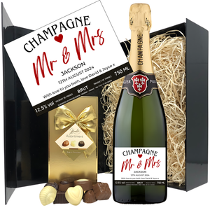 Mr & Mrs Wedding Champagne & Chocolates - Add Name Date and Message to Bottle Label