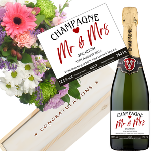 Mr & Mrs Wedding Champagne & Flowers - Add Name Date and Message to Bottle Label