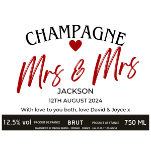 Mrs & Mrs Wedding Champagne & Chocolates - Add Name Date and Message to Bottle Label