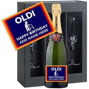 OLDI Birthday Champagne & Glasses - Add Name to Bottle Label