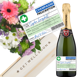 Personalised Get Well Soon Prescription Champagne and Flowers - Add Name