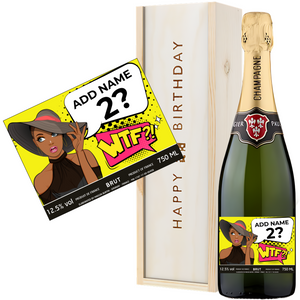 Funny Birthday Champagne Gift Set for Women with Sophisticated WTF Design - Custom Name and Age Birthday Gift