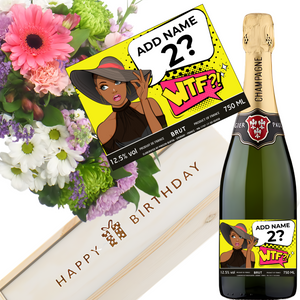 Sophisticated WTF Women Birthday Champagne & Flowers - Add Name to Bottle Label